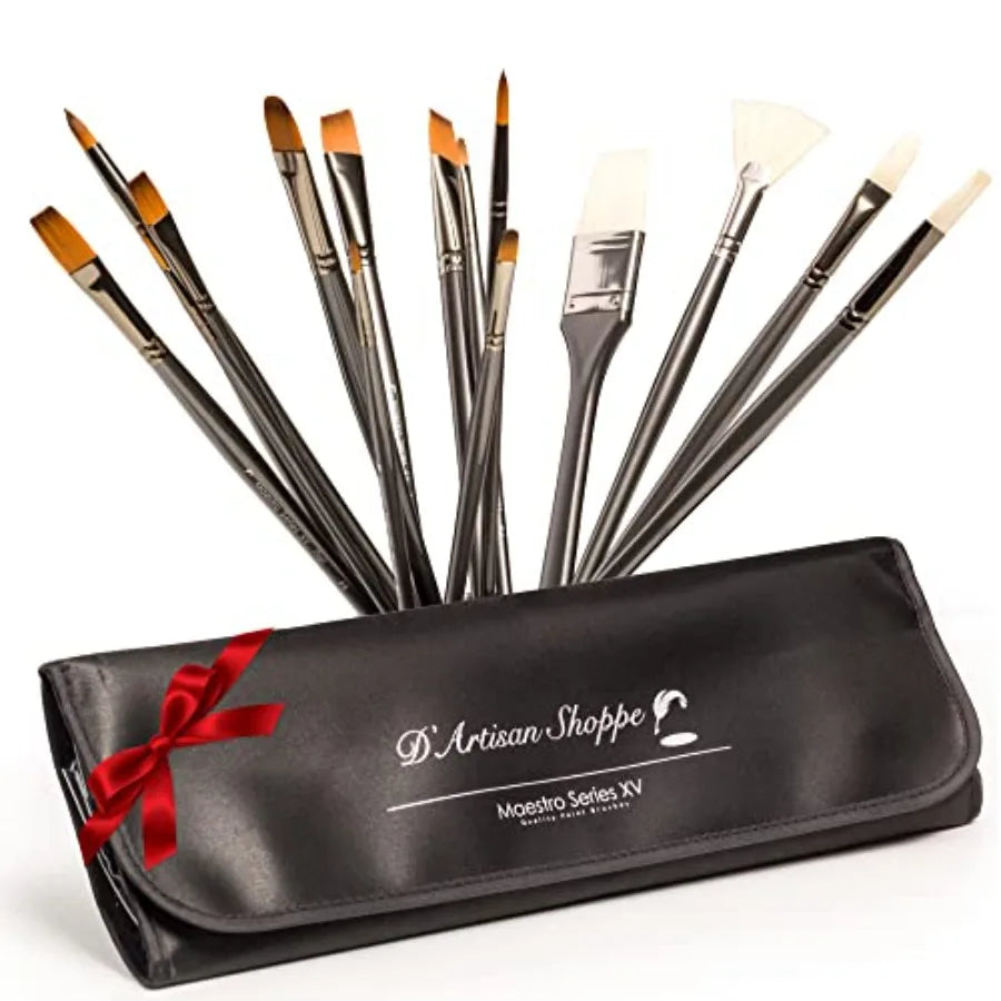 Professional Paint Brushes Set Oil, Acrylic , Watercolor, Gouache. 15pc Travel Bag