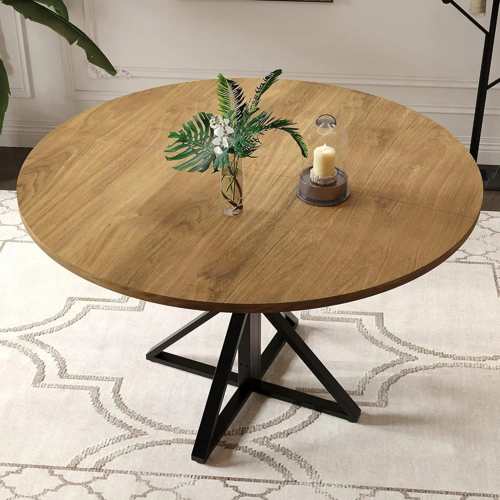 47" Round Dining Table for 4, Wood Top & Heavy-Duty Metal Pedestal