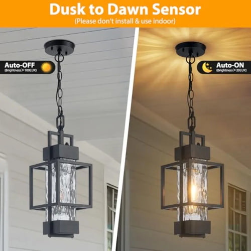 17" Outdoor Chandelier Pendant Light Fixture for Porch Modern Black Dusk to Dawn Exterior Hanging Pendant Lantern