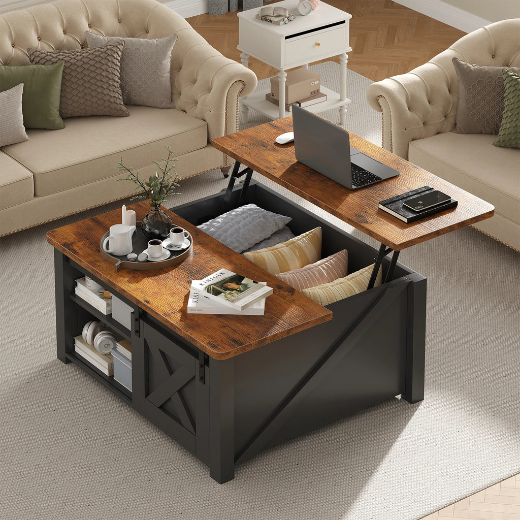 31.5IN Wood Lift Top tables Square L Adjustable Storage Shelf Easy Lift Or Lower