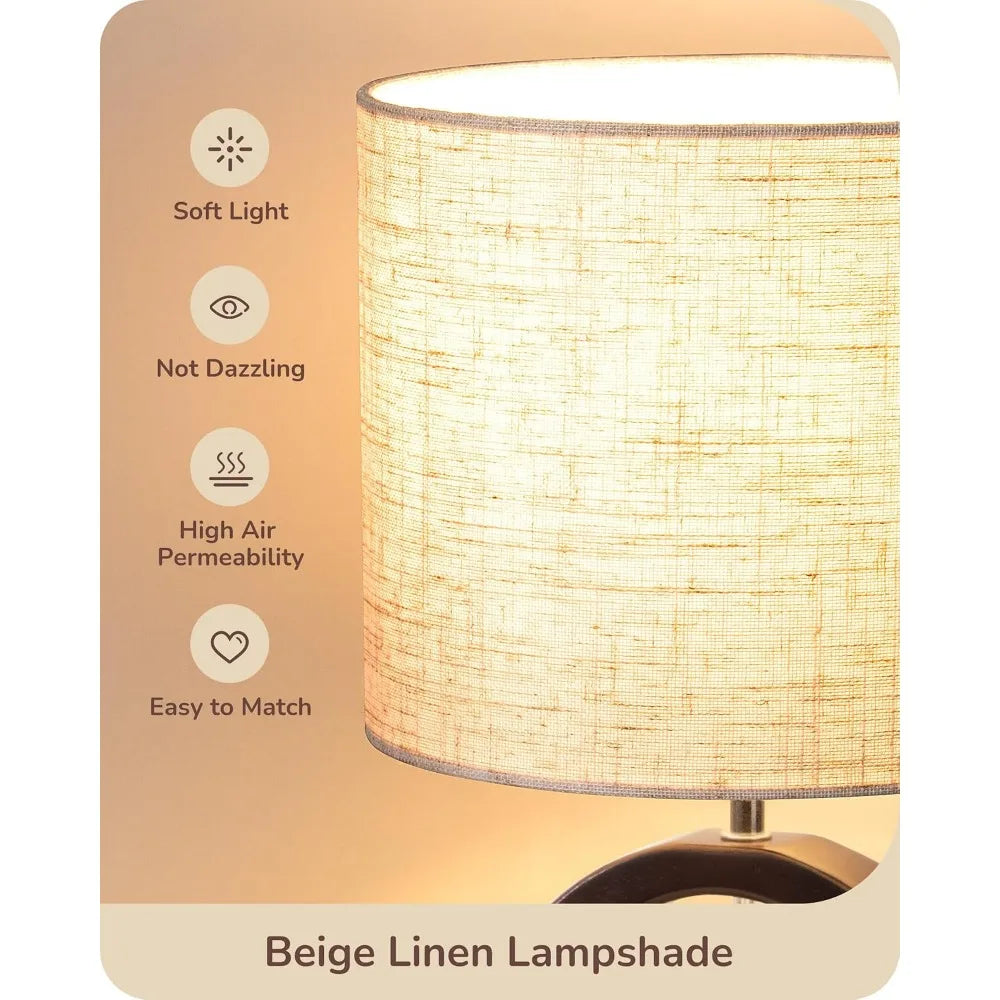 13.4" Small Wood Table Lamp, Modern Bedside with Beige Linen Shade and Switch, E26 Base