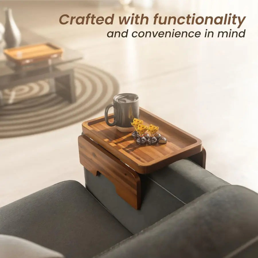 Sofa Armrest Double Hinge Clip On Table Tray Acacia Wood  9.5"D x 13.75"W x 5.5"H