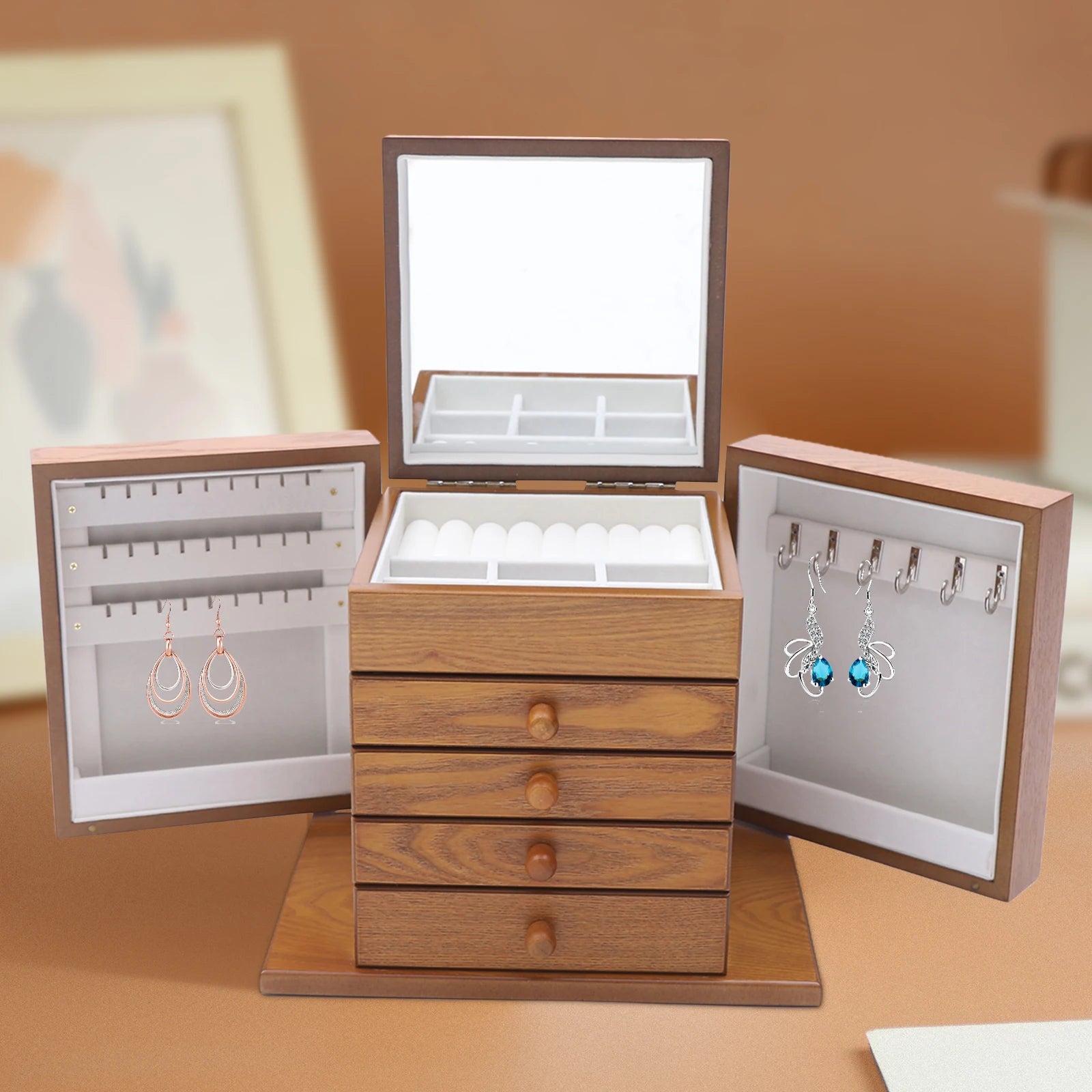 5-tier Wooden Jewelry Box w/ Drawers Mirror Rings, Earrings, Necklaces, Bracelets