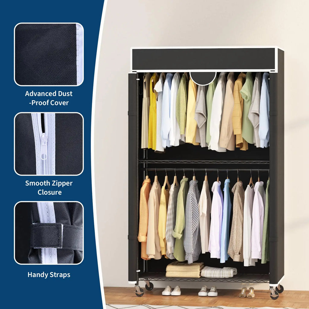 Heavy Duty Clothes Rack with Cover, 485LBS Capacity, Portable Closet Wardrobe on Wheels, Carbon Steel, Dustproof, Tool-Free Assembly