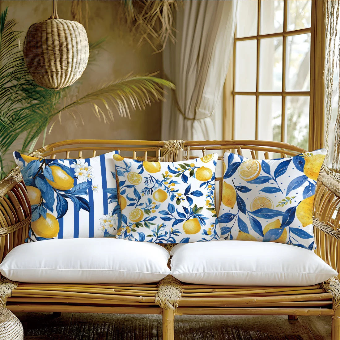 4pcs, Single-Sided Printing Pillow Covers, Deep Blue Lemon Illustration
