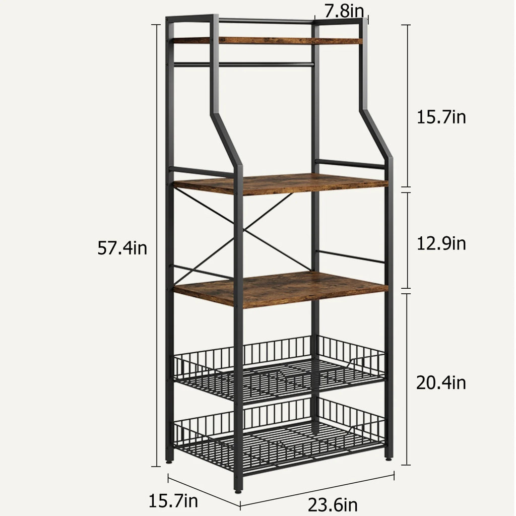 Kitchen Bakers Rack Microwave Oven Stand with 2 Large Wire Basket Industrial