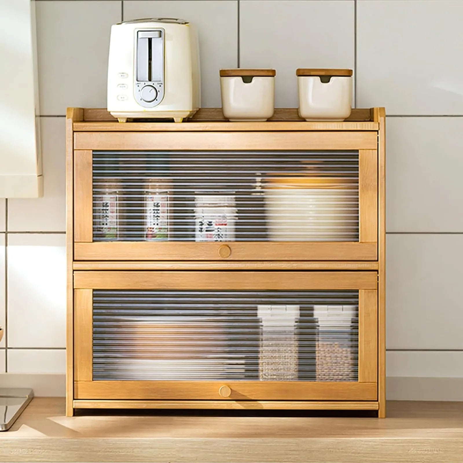 2-Tier Bamboo Kitchen Storage Cabinet -  Clear Acrylic Sliding Doors