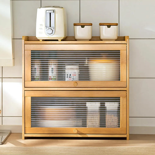 2-Tier Bamboo Kitchen Storage Cabinet -  Clear Acrylic Sliding Doors