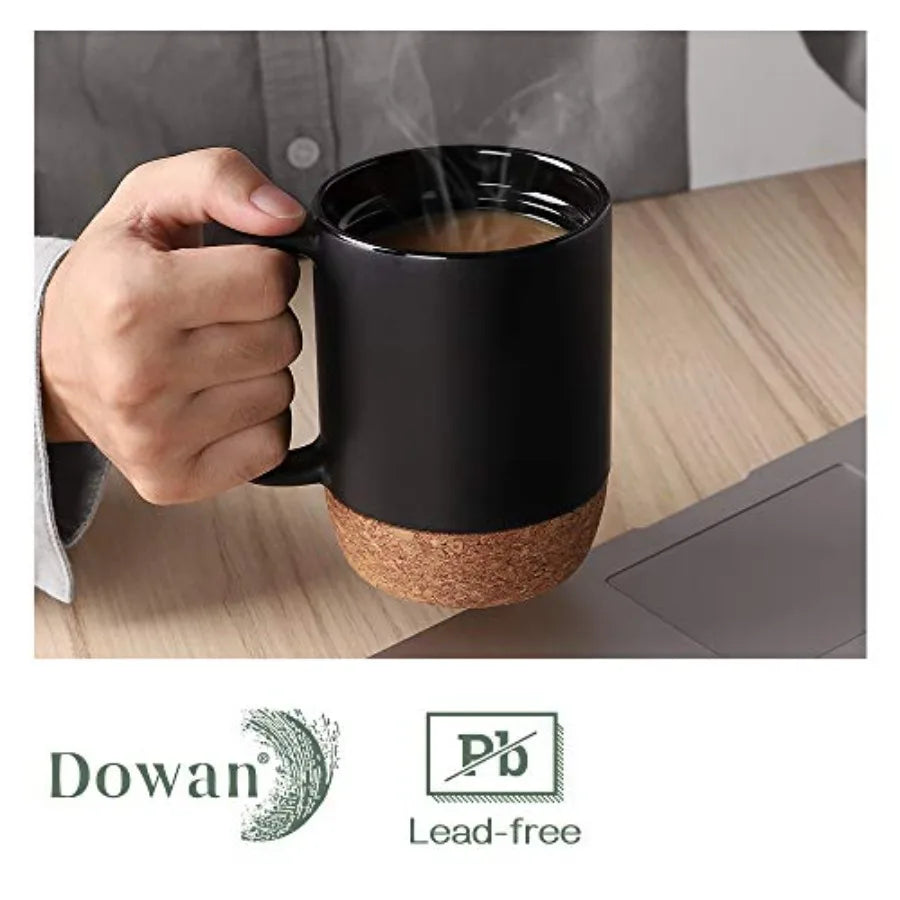 Coffee Mugs, 15 oz Mug Set of 2, Large Ceramic Coffee Mug with Cork Bottom and Spill Proof Lid