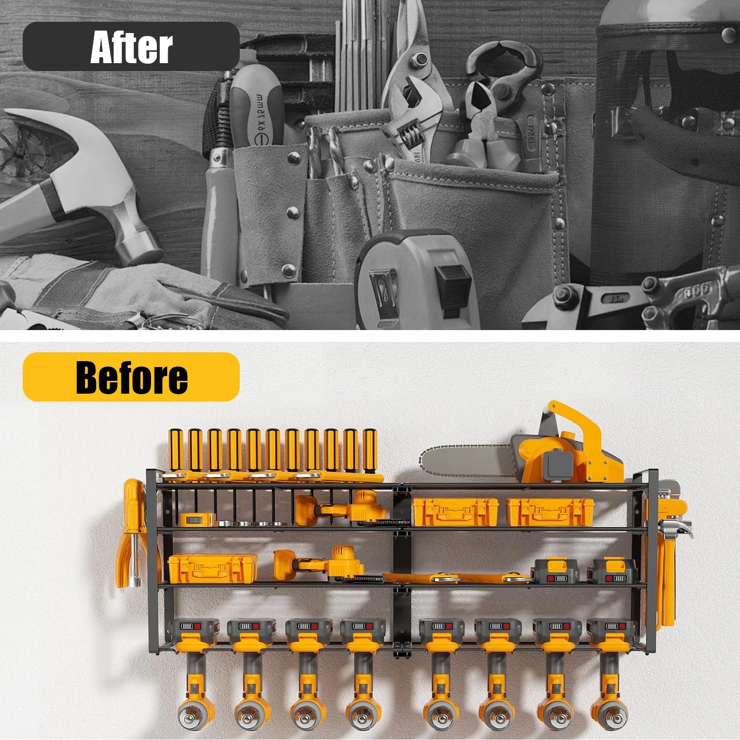 Power 8 Tool Storage Rack 4 Layers Organizer- Floating Shelf Wall Mount Heavy Duty Iron Drill Holder for Basement Workbench