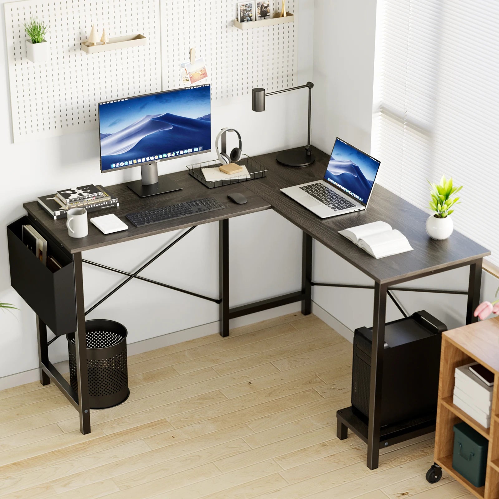 Corner 50 Inch Office Writing PC Wooden Table with CPU Storage Shelf & Side Bag Multi-use