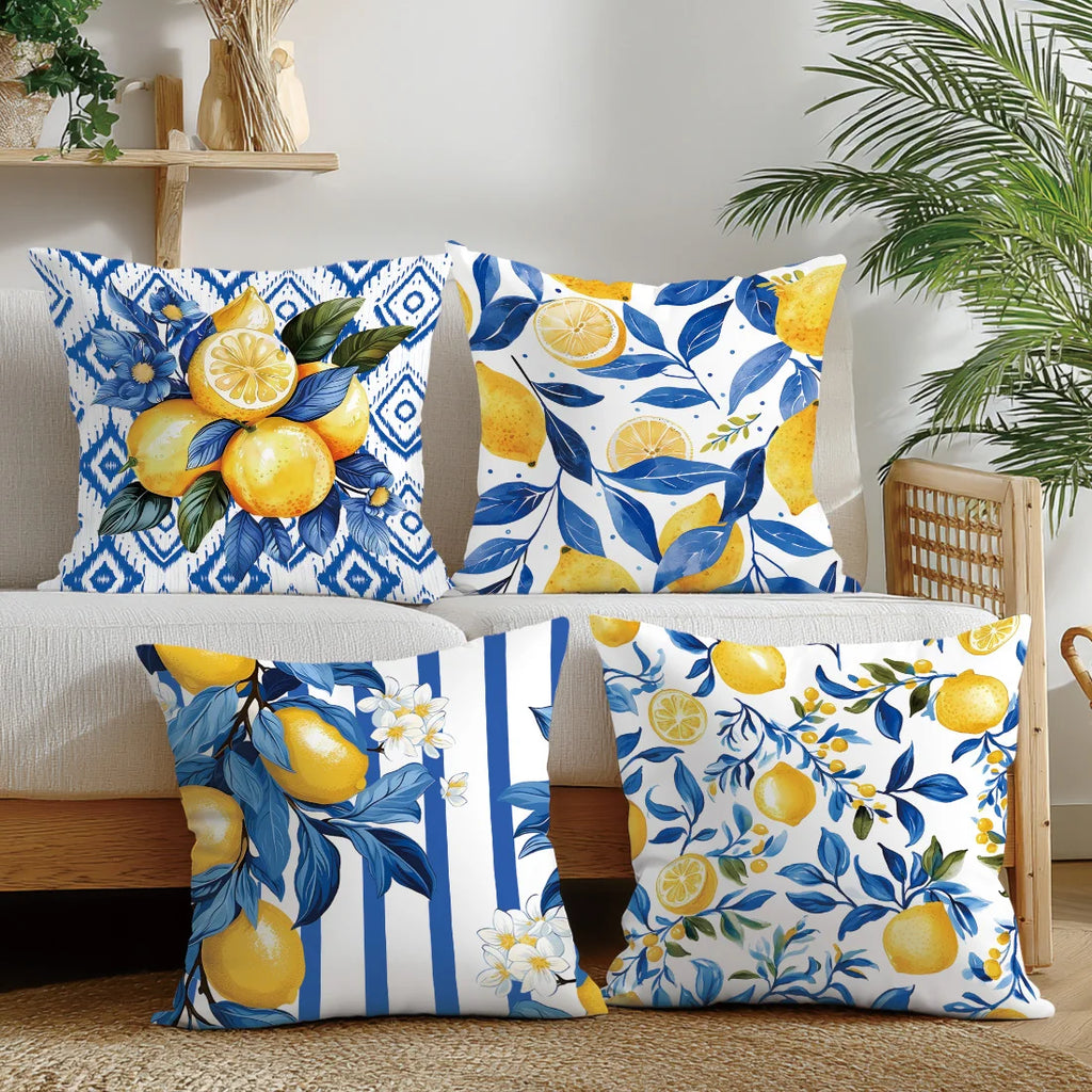4pcs, Single-Sided Printing Pillow Covers, Deep Blue Lemon Illustration