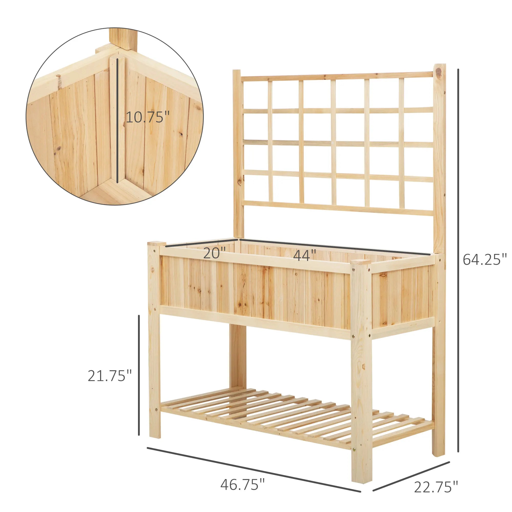47'' Wooden Raised Garden Bed with Trellis, Countryside Style Elevated Planter Stand with Open Storage Shelf