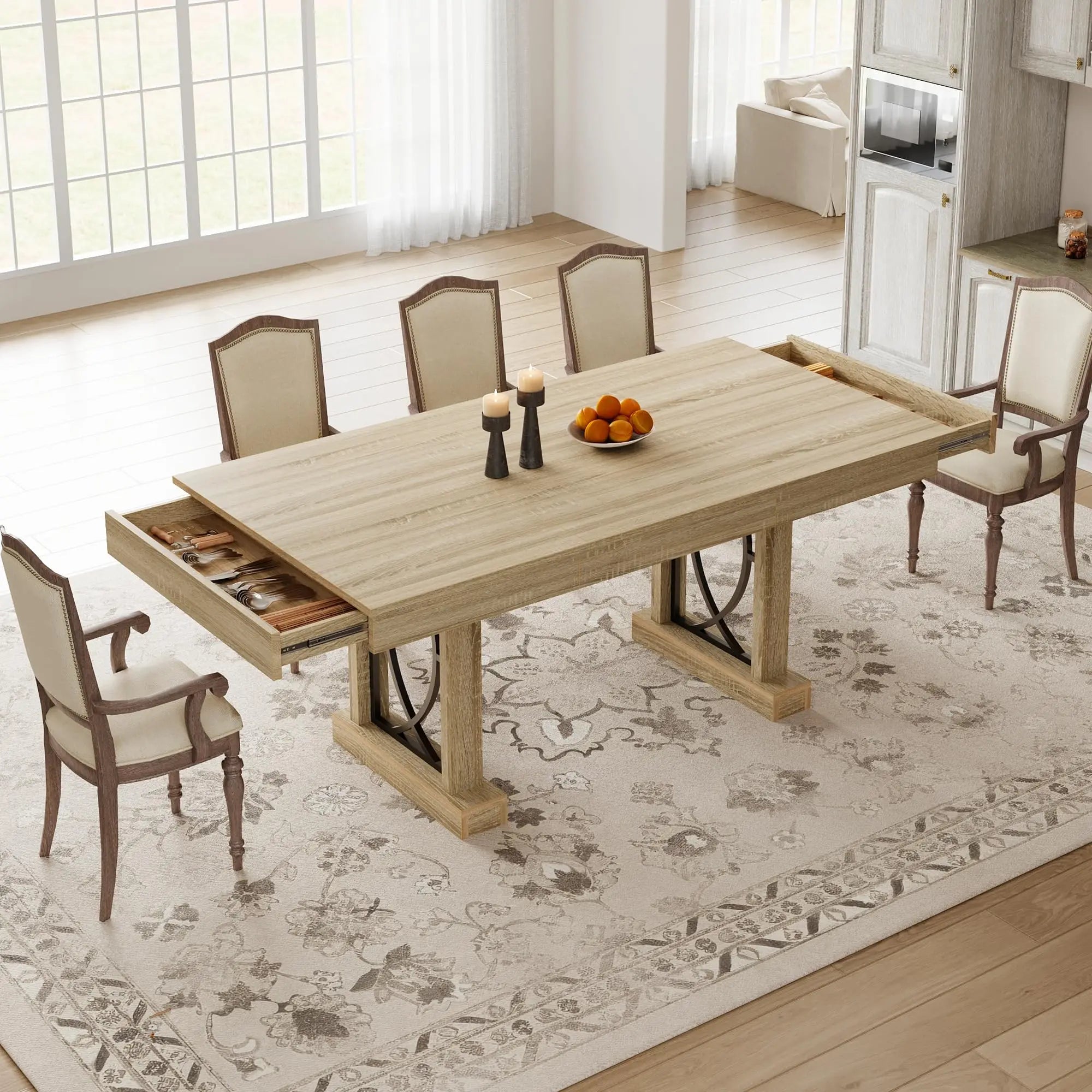 Large 71 Inch Table With 2 Storage Drawers For 6-8, Rustic Wood Kitchen Table, Heavy Duty Base,