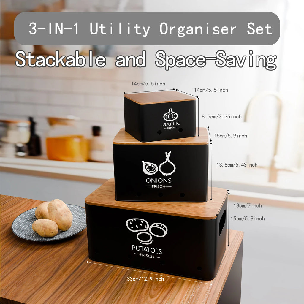 3-Piece Vegetable Storage Box Set, Potato, Onion and Garlic  Kitchen Countertops, With Lid Metal