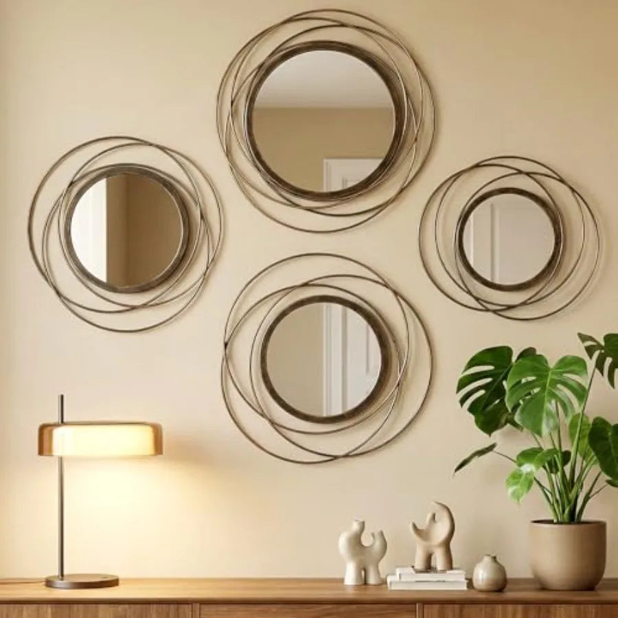 4 Pcs Decorative Wall Mirror Round Modern Circle Mounted Mirror Metal Wall Art Decor