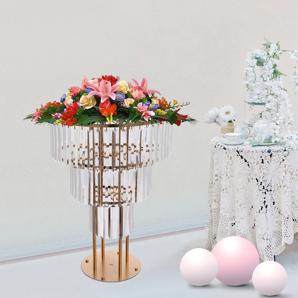 35.4inch Gold Centerpieces Table Crystal Flower Stand 3 Tier Vase Metal Round Chandelier