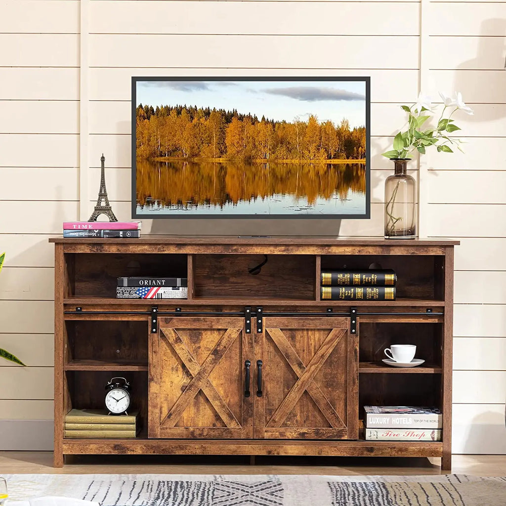 TV Stand Farmhouse Cabinet Rustic Sliding Barn Door Storage Cabinet with Power Outlet & LED Light