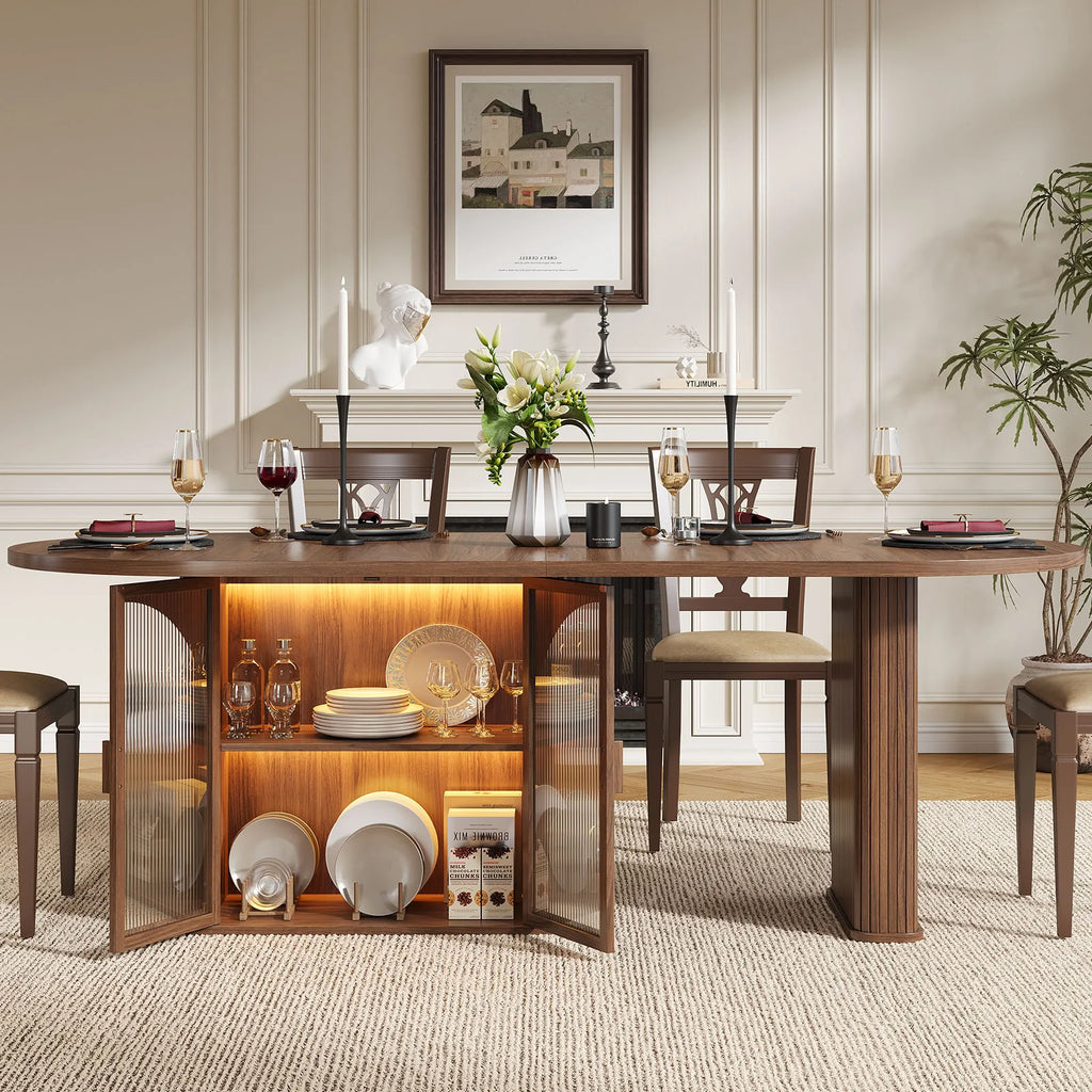 Walnut 70 Inch Oval Dining Table for 6-8 People,  with 2-Tier Storage Space, Wood Center LED Light, Dinner Table with Heavy Duty Legs