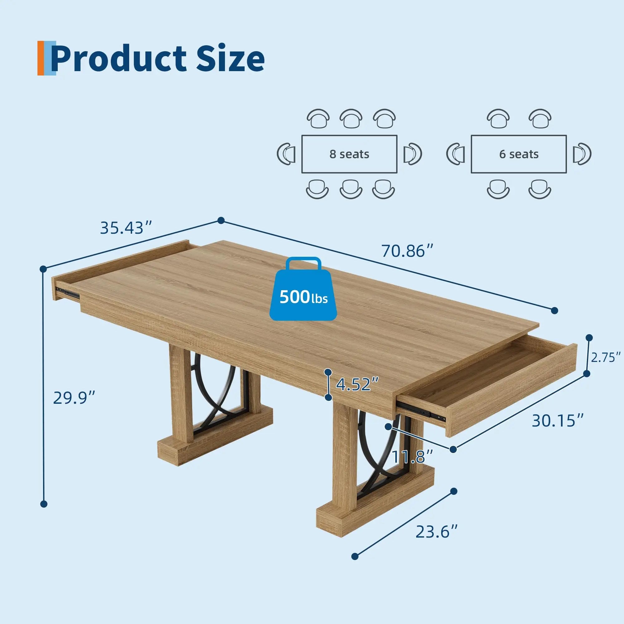 Large 71 Inch Table With 2 Storage Drawers For 6-8, Rustic Wood Kitchen Table, Heavy Duty Base,