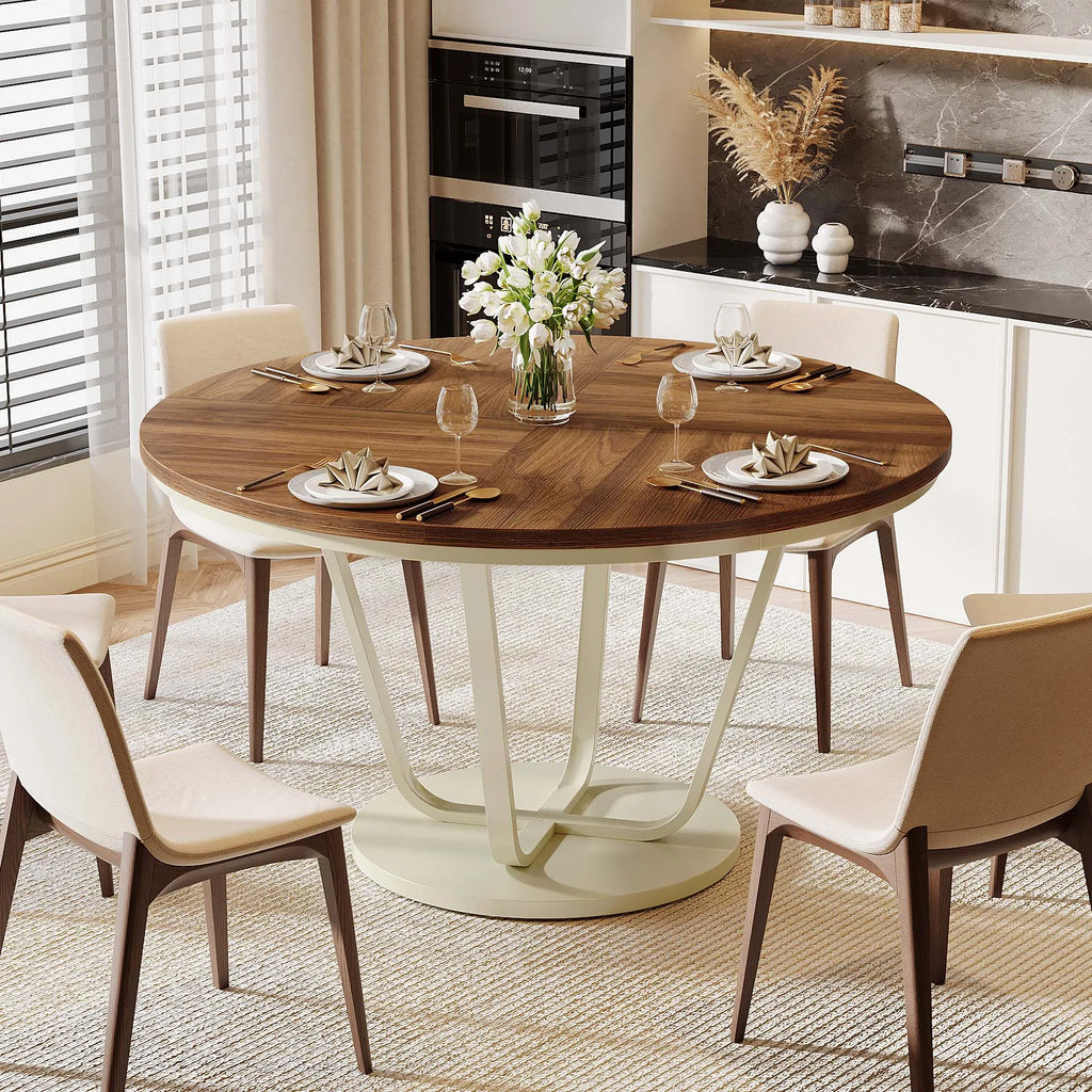 Round Dining Table, 47-Inch Wood Large Farmhouse and Modern Kitchen Table for 4-6 People with Gray Frame