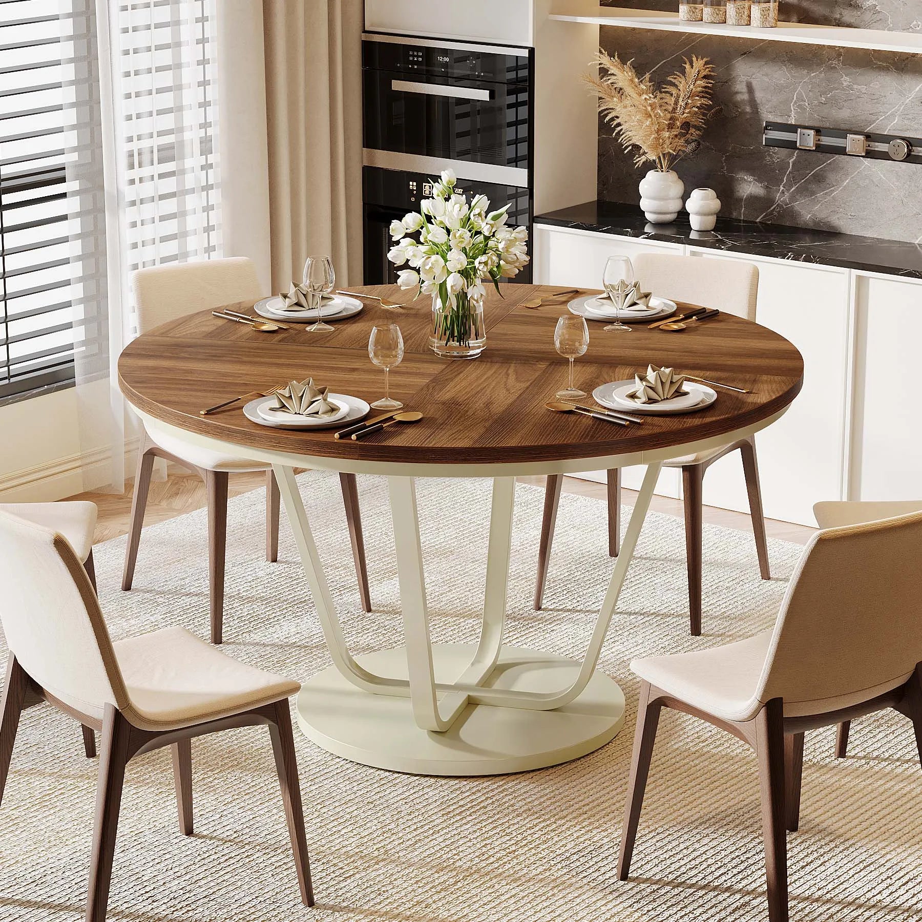 Round Dining Table, 47-Inch Wood Large Farmhouse and Modern Kitchen Table for 4-6 People with Gray Frame