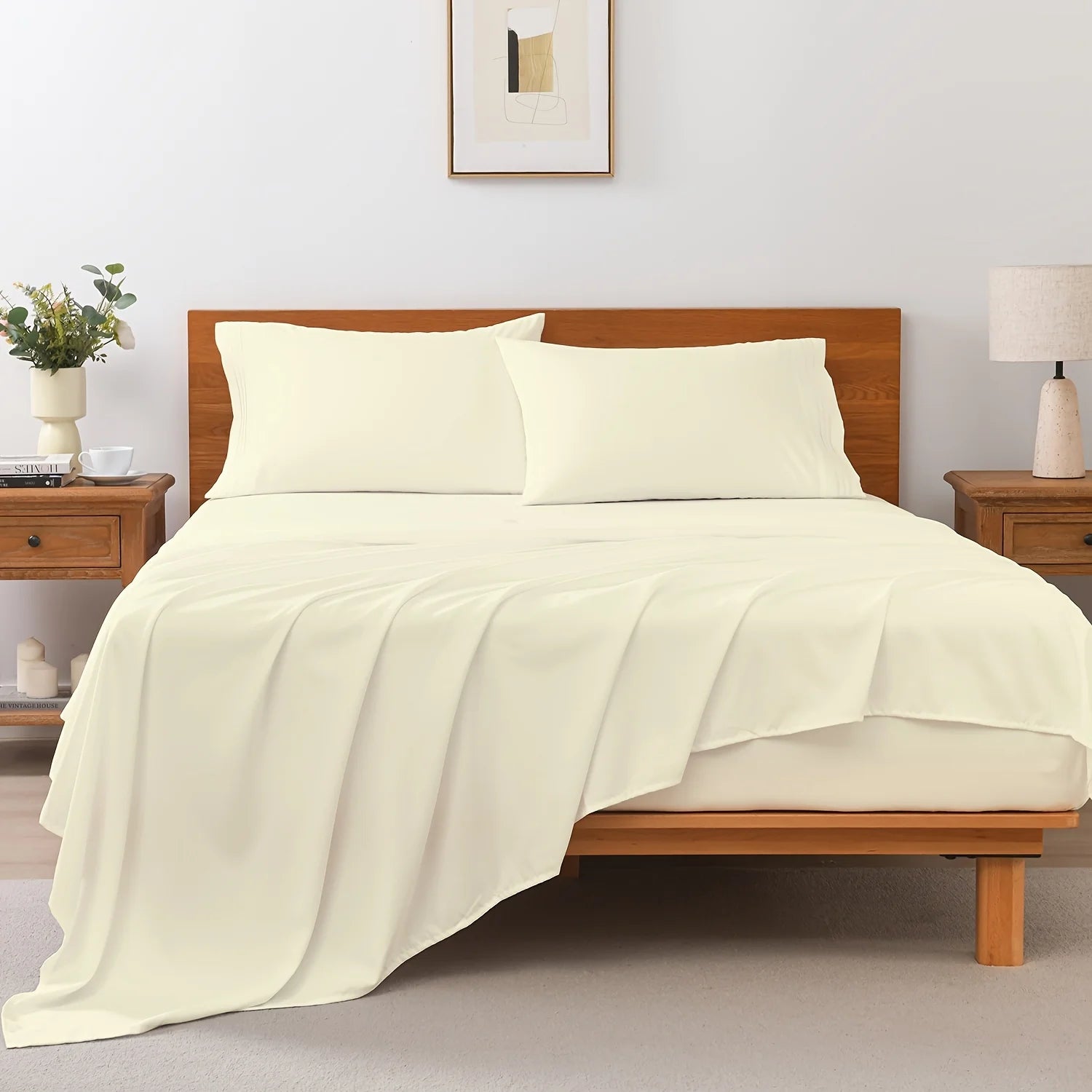 4pcs 120GSM Summer Cooling Bed Sheet Set18 Inch Deep Pockets - 1 Flat Sheet And 1 Fitted Sheet And 2 Pillowcases - Wrinkle Free And Easy Care TC1800