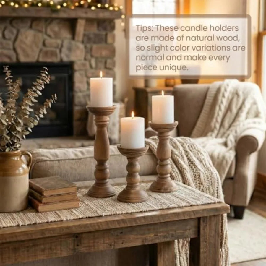 Farmhouse Pillar Rustic Wooden Candle Holders 3 PC 12'' 9'' 6'' Vi