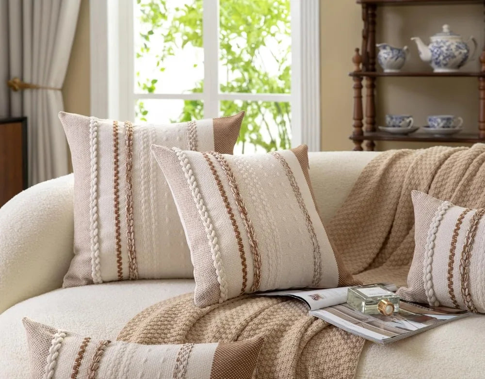 Boho Throw Pillow Covers 18x18 Inch Set of 2, Brown Textured Cover