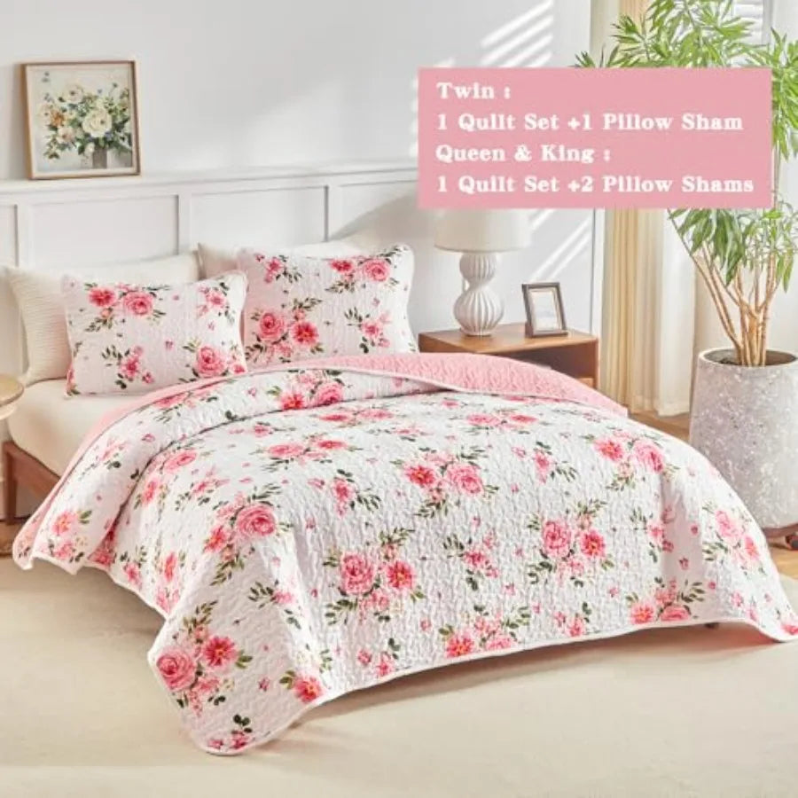 Floral Quilt Set 3 Pieces Queen Size White Pink Flower Soft Microfiber Lightweight Summer Reversible