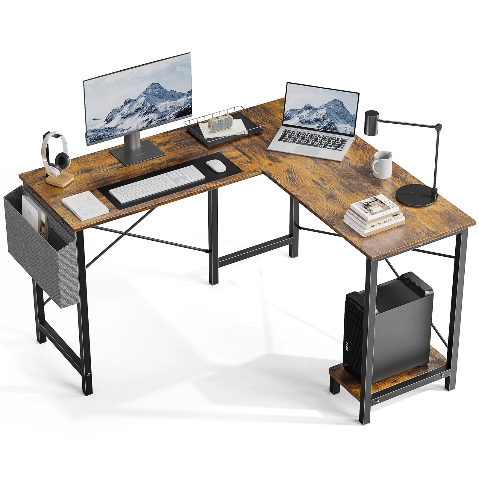 Corner 50 Inch Office Writing PC Wooden Table with CPU Storage Shelf & Side Bag Multi-use