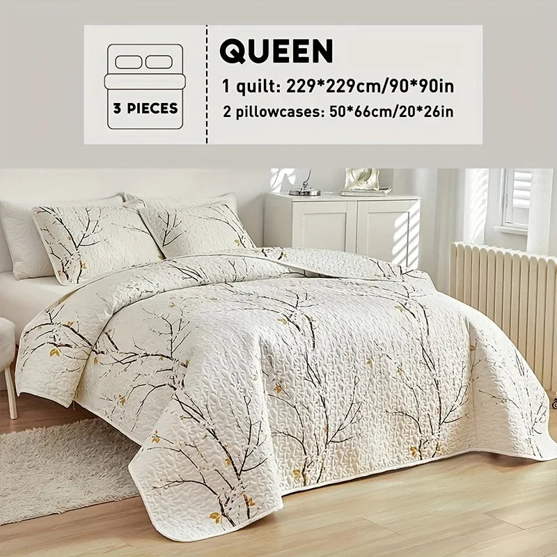 2/3pcs Floral Comforter Quilt Set Queen King Full Twin Size, White/Grey Soft Microfiber Reversible Bedding With Shams