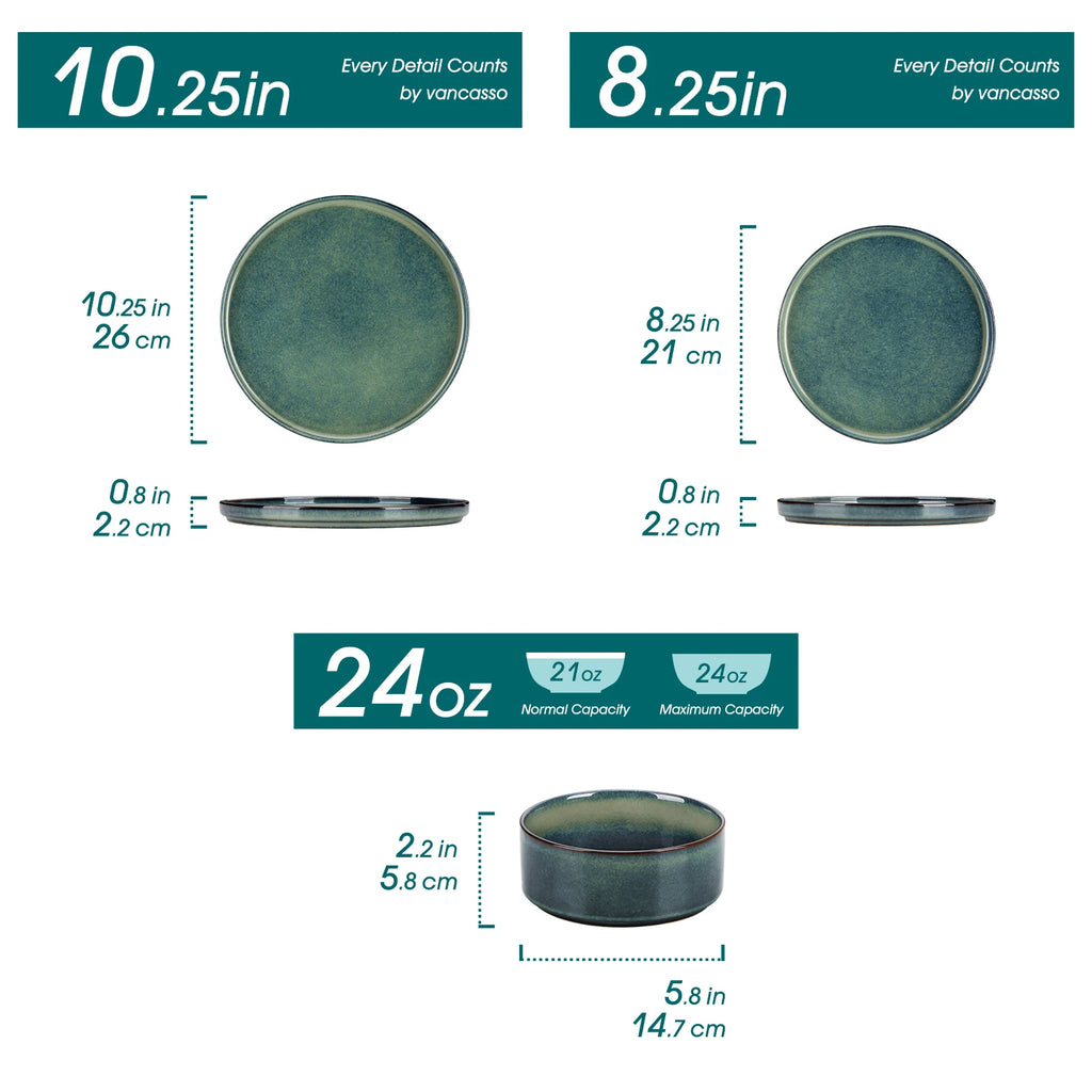 Vancasso 12/24/36 Black Green Reactive Glaze Piece Dinner set Vertical edge 4PCS Dinner Plate/ Dessert/Bowl