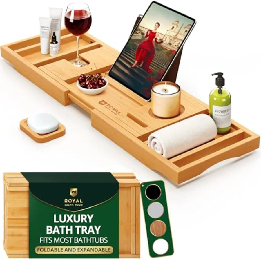 Premium Foldable  Bamboo Wood Bathtub Tray Caddy Expandable