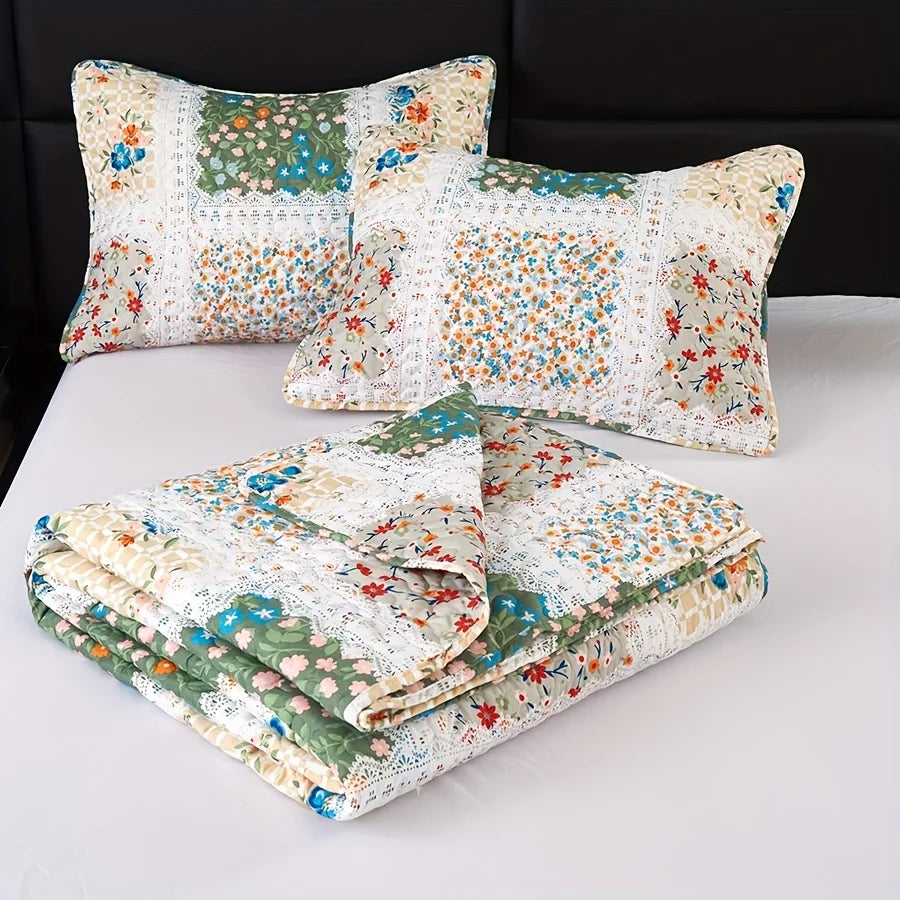 2/3pcs Quilt Set Queen King Twin Full Size Lightweight Floral Patchwork Comforter Bedding Set, Pillow Shams