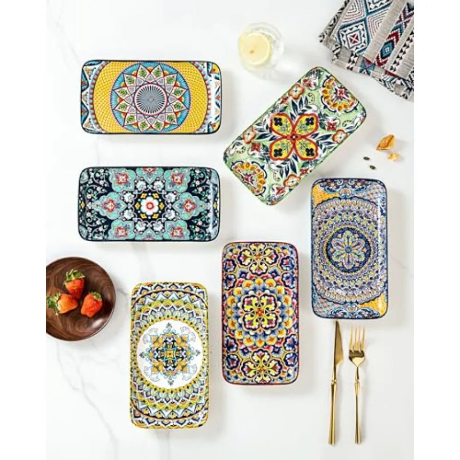 Boho Ceramic Dinner Plates Large Rectangular Set of 6 for , Microwave and Dishwasher