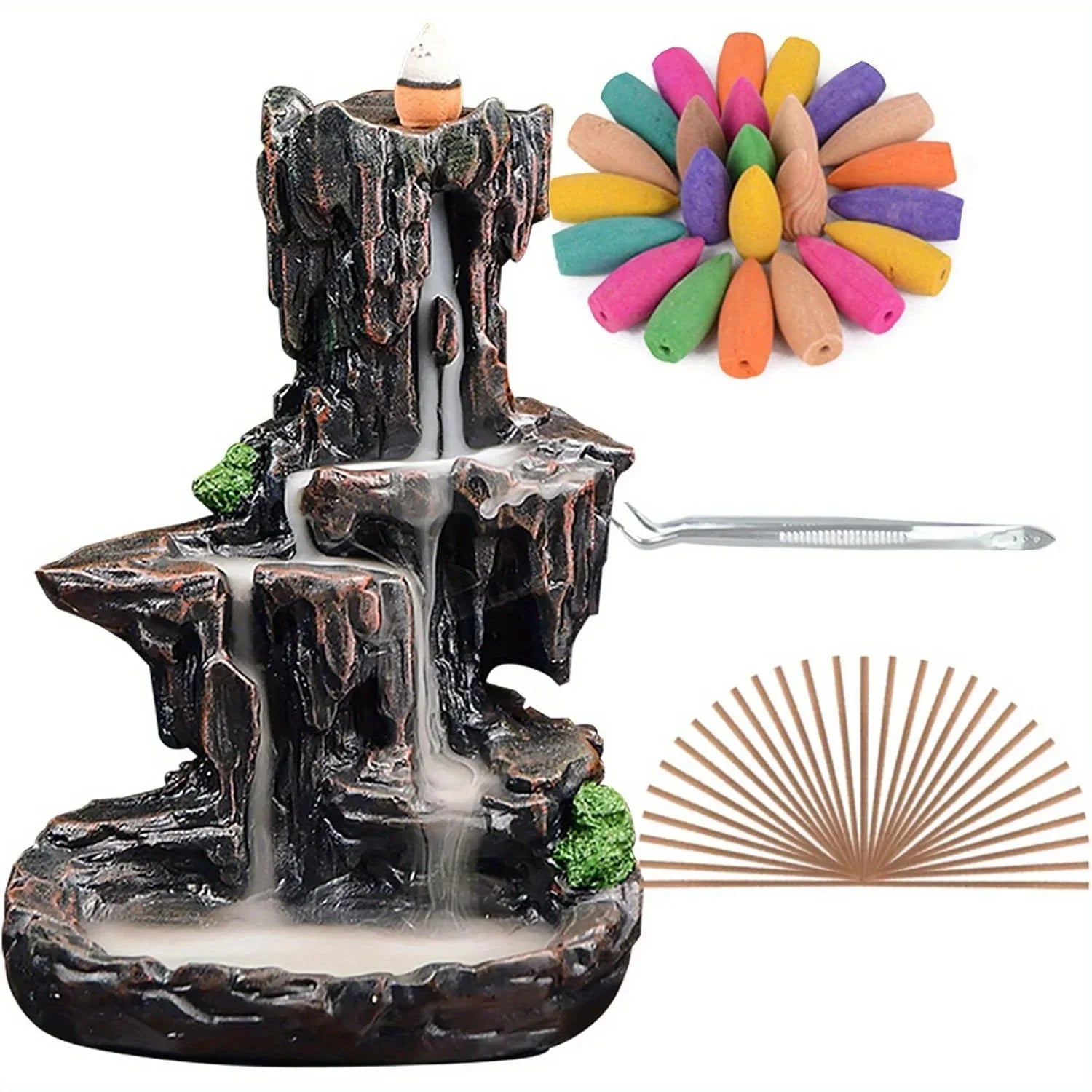 Waterfall Monk Incense Burner Mountain Tower Stone Brown