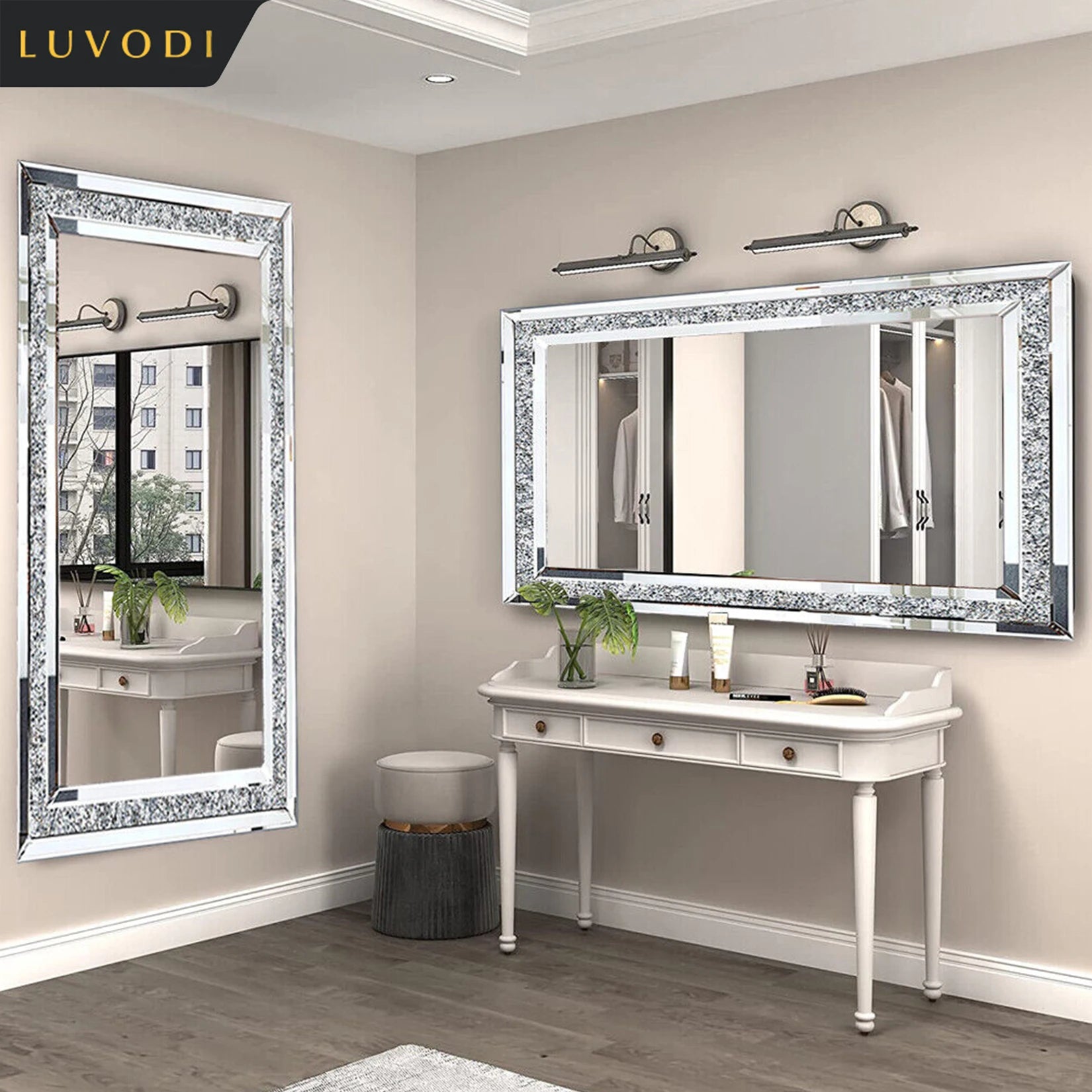 Large Silver Sparkly Crystal Rhinestone Diamond Frameless  Mirrors Wall Mounted