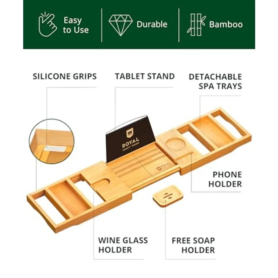 Premium Foldable  Bamboo Wood Bathtub Tray Caddy Expandable