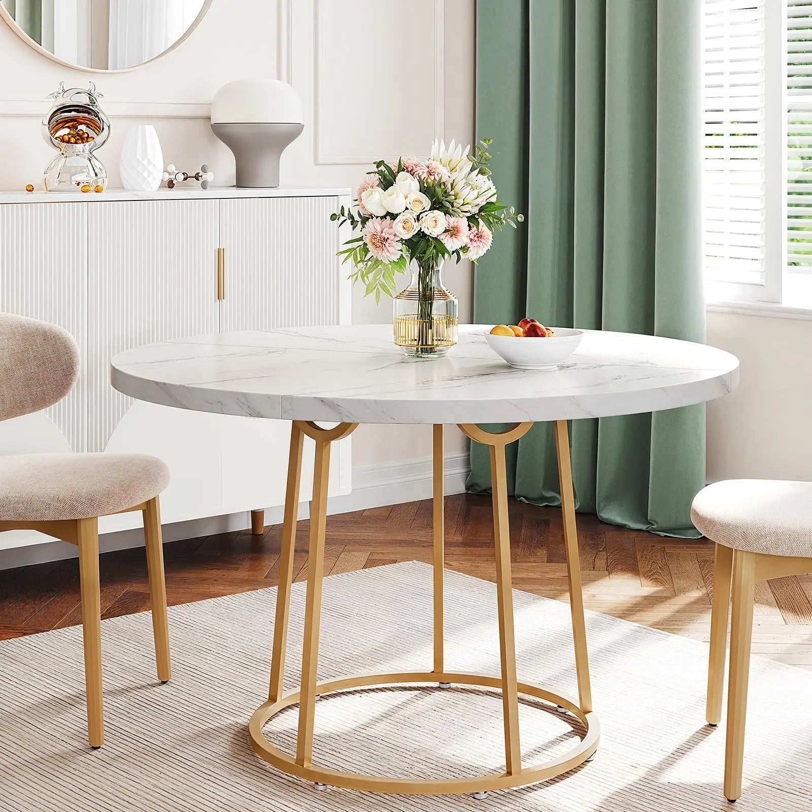 120cm Round Table - Wooden Faux Marble Top & Gold Base Design