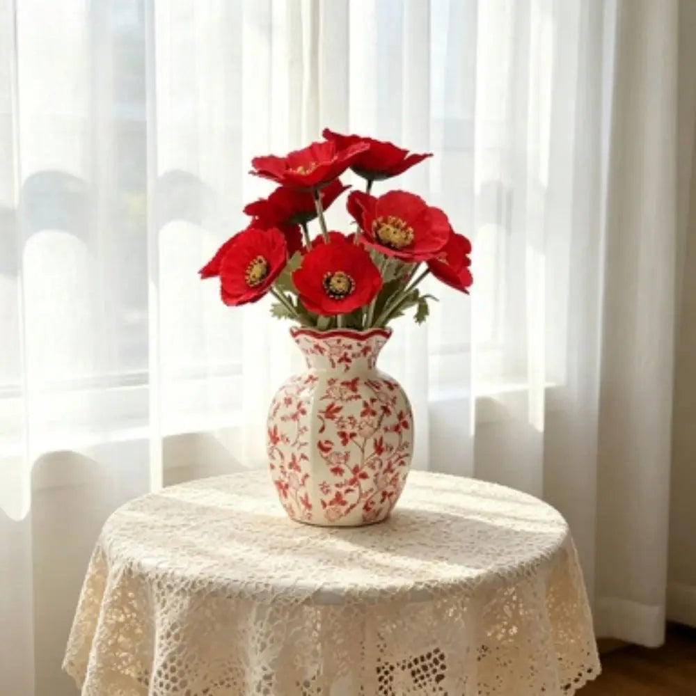 Poppies In Red And White Floral Vase, 11.5 ,
