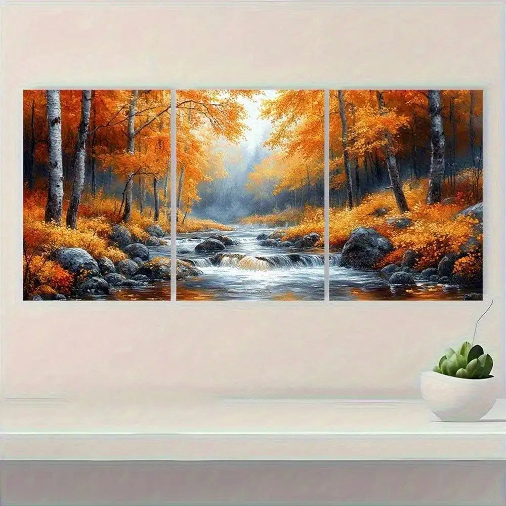2D Flat, 3pcs Set Vibrant Autumn Forest Canvas Wall Art - Golden-Yellow, Orange, Red, Brown, Green & Golden Leaf Landscape With Misty Mountains, River & Rocks - Wrapped Canvas Prints With Wooden Frame