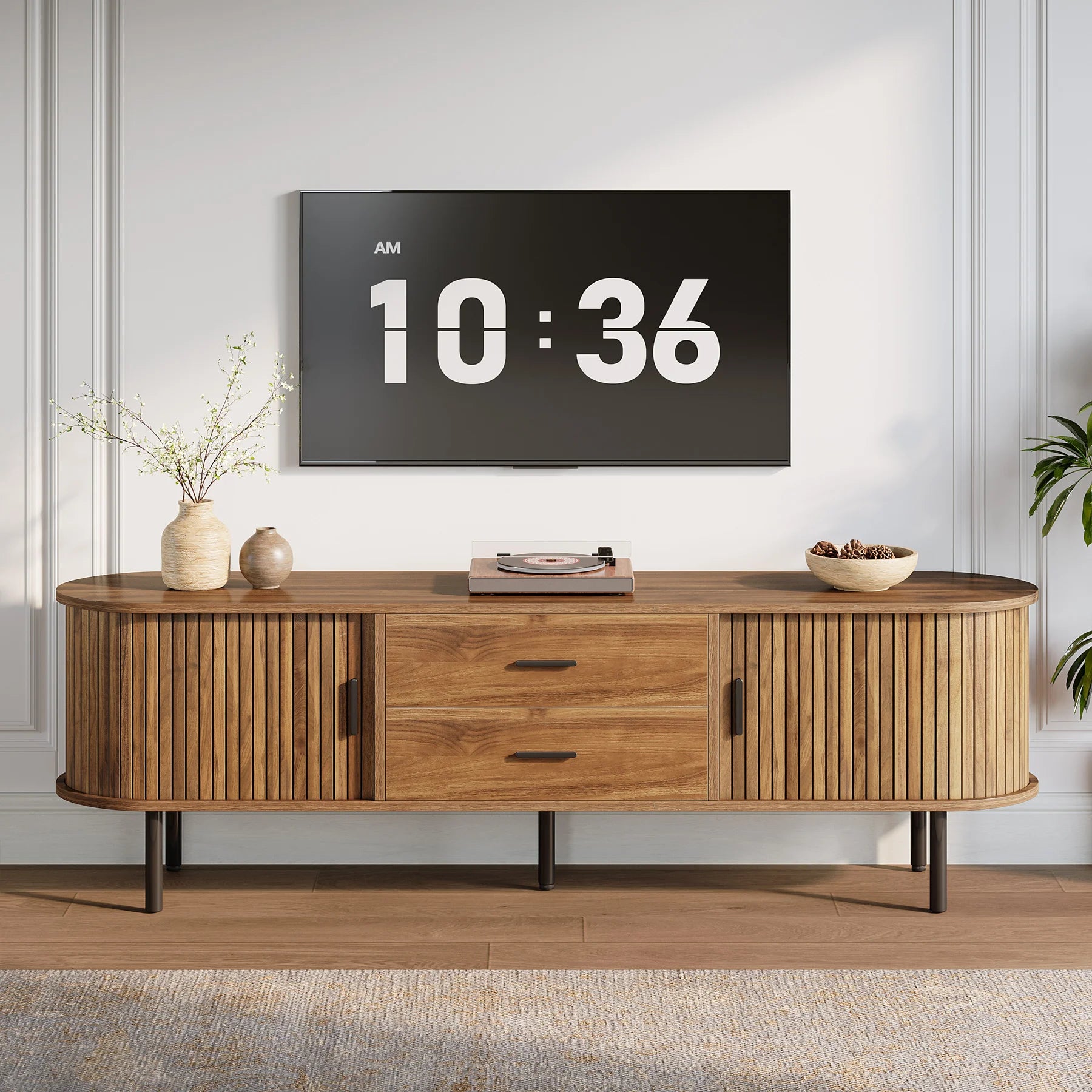 70" Mid-Century Modern TV Stand with Sliding Tambour Door, Drawers and Adjustable Shelves, Long Fluted Entertainment