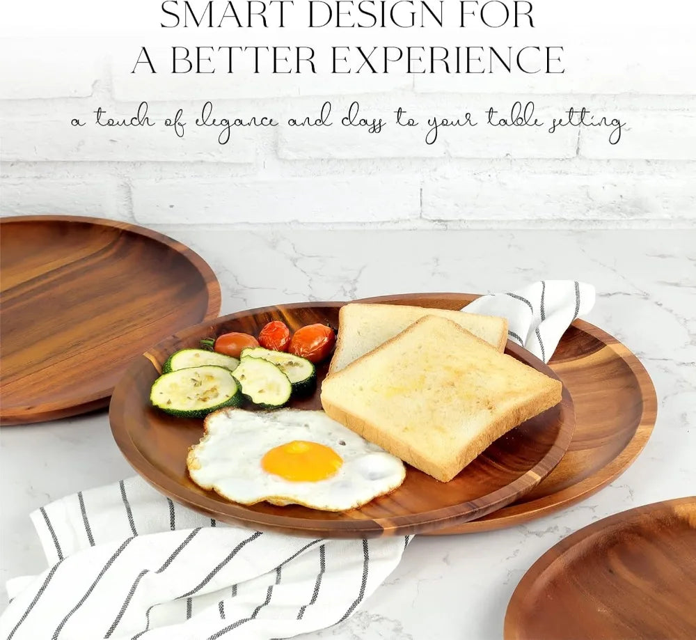 Acacia Wooden Plates Set of 4, 11 Inch Round Dinner Plates, Natural Unbreakable Lightweight