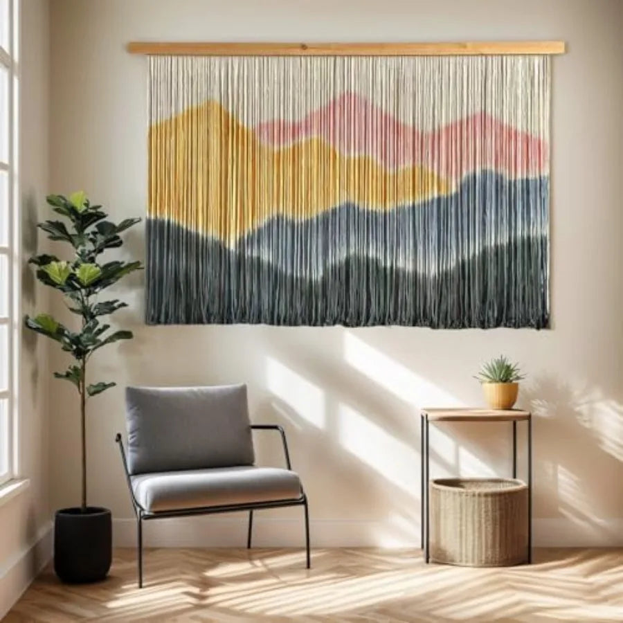Woven Boho Macrame Tapestry Dip-Dyed Large Modern Handmade Colorful Mountain Landscape