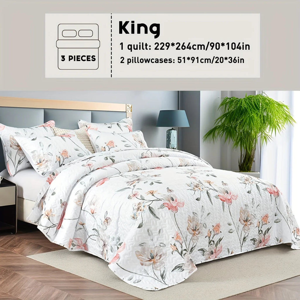 2/3pcs Floral Comforter Quilt Set Queen King Full Twin Size, White/Grey Soft Microfiber Reversible Bedding With Shams