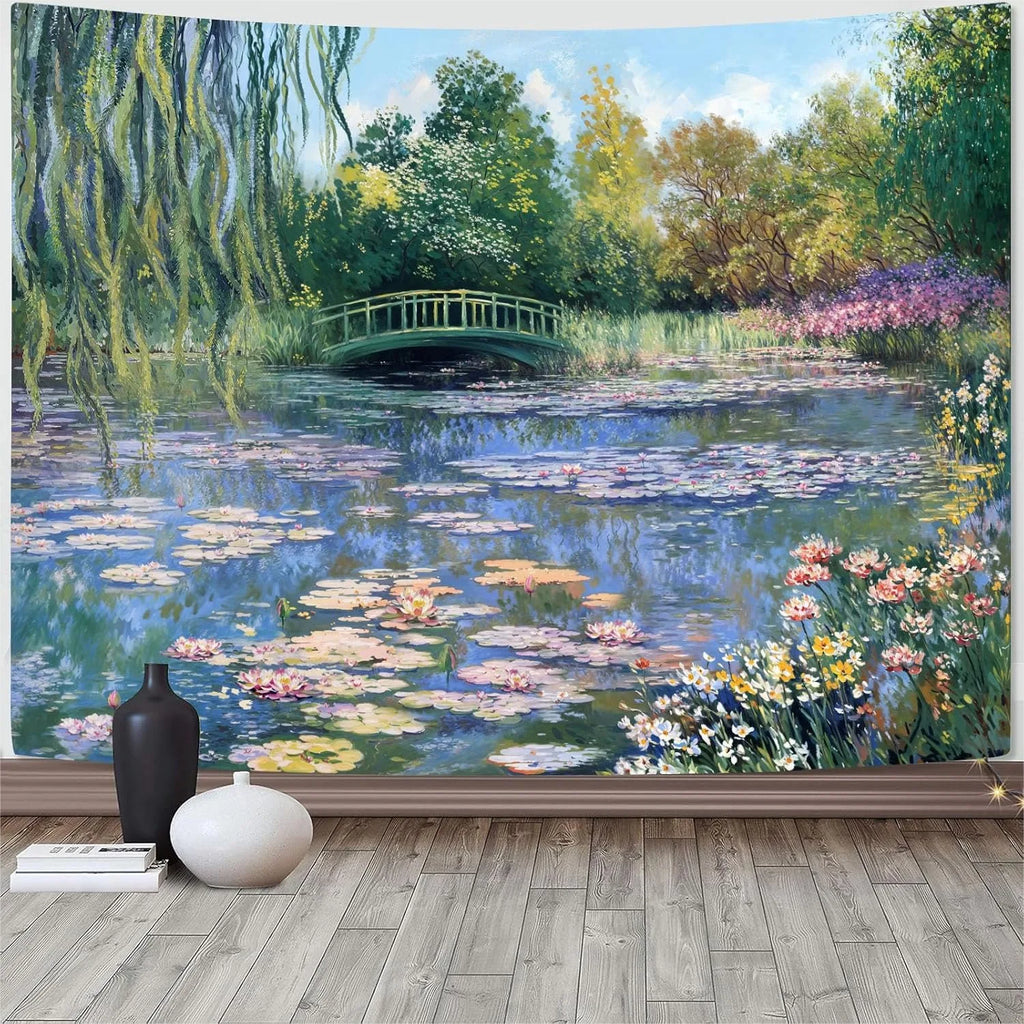 Water Lilies Tapestry Green Floral Wall Art  80x60 Inch