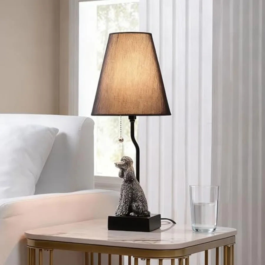 Portable Poodle Table Lamp with USB-C and USB-A Charging Ports, Black Fabric Shade and Dog Figurine Base