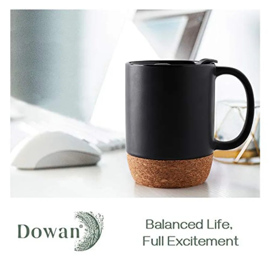 Coffee Mugs, 15 oz Mug Set of 2, Large Ceramic Coffee Mug with Cork Bottom and Spill Proof Lid