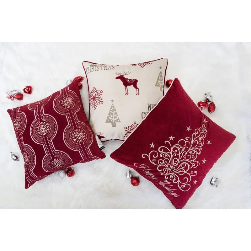 Red Velvet Holiday Throw Pillow 20x20" with Gold Embroidered Festive Design